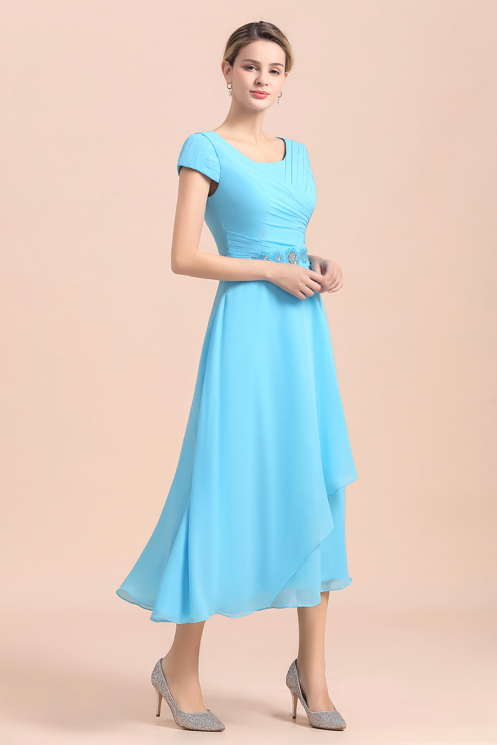 Blue Short Sleeves Chiffon Mother of the Bride Dress Tea-Length Online-misshow.com