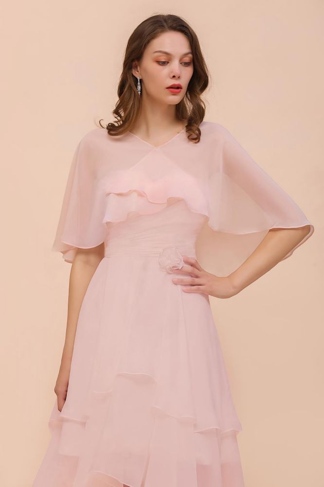 Blushing Pink Bridesmaid Dress Knee Length Simple Chiffon Girls Party Dress with Wraps-misshow.com