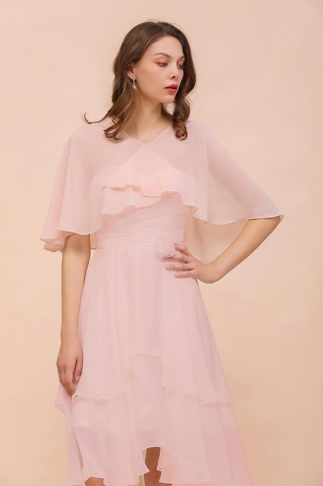 Blushing Pink Bridesmaid Dress Knee Length Simple Chiffon Girls Party Dress with Wraps-misshow.com