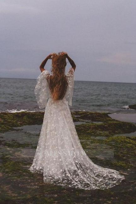 Boho A-Line Long Sleeves Backless Wedding Dresses With Lace Boho A-Line Long Sleeves Backless Wedding Dresses With Lace