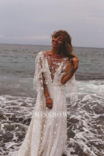 Boho A-Line Long Sleeves Backless Wedding Dresses With Lace Boho A-Line Long Sleeves Backless Wedding Dresses With Lace