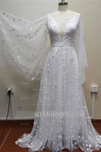Boho A-Line Long Sleeves Backless Wedding Dresses With Lace Boho A-Line Long Sleeves Backless Wedding Dresses With Lace