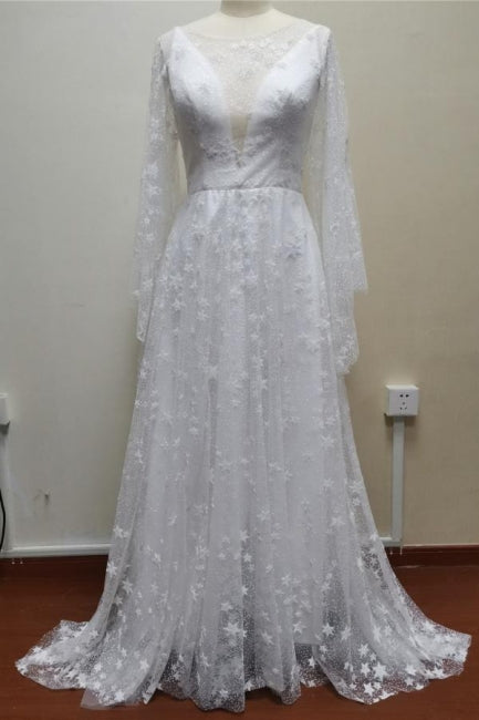Boho A-Line Long Sleeves Backless Wedding Dresses With Lace-misshow.com