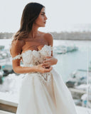 Boho A-Line Tulle Off-the-shoulder Wedding Dresses with Lace-misshow.com