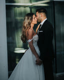 Boho A-Line Tulle Off-the-shoulder Wedding Dresses with Lace-misshow.com
