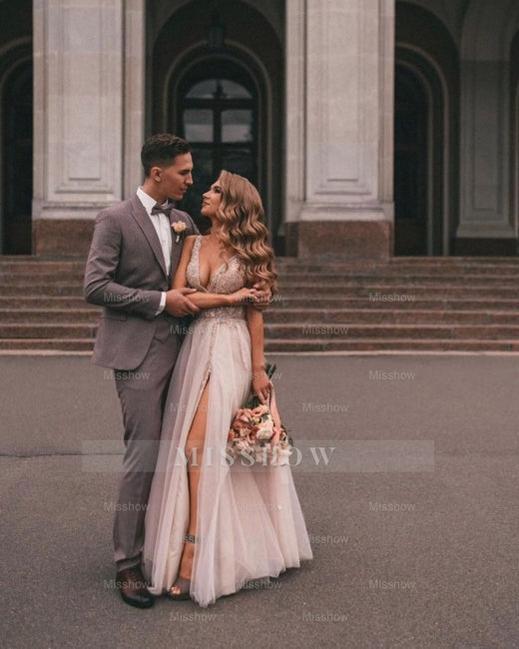Boho A-Line V-Neck Slit Wedding Dresses with Lace Boho A-Line V-Neck Slit Wedding Dresses with Lace