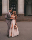 Boho A-line V-Neck Slit Wedding Dresses with Lace-misshow.com