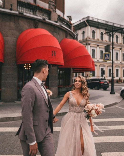 Boho A-line V-Neck Slit Wedding Dresses with Lace-misshow.com