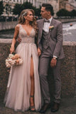 Boho A-line V-Neck Slit Wedding Dresses with Lace-misshow.com