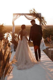 Boho Champagne A-Line Lace Sleeveless Tulle Wedding Dresses With Slit-misshow.com