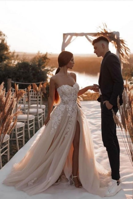 Boho Champagne A-Line Lace Sleeveless Tulle Wedding Dresses With Slit-misshow.com