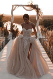 Boho Champagne A-Line Lace Sleeveless Tulle Wedding Dresses With Slit