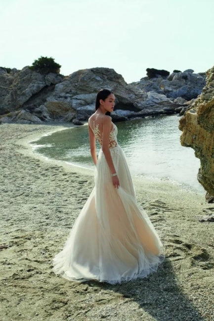 Boho Long A-line Tulle Sleeveless Wedding Dresses With Lace-misshow.com