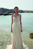 Boho Long A-line Tulle Sleeveless Wedding Dresses With Lace-misshow.com