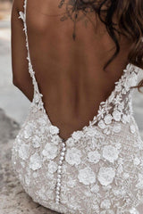 Boho Sleeveless Floral Mermaid Wedding Dress Backless Bridal Gown-misshow.com