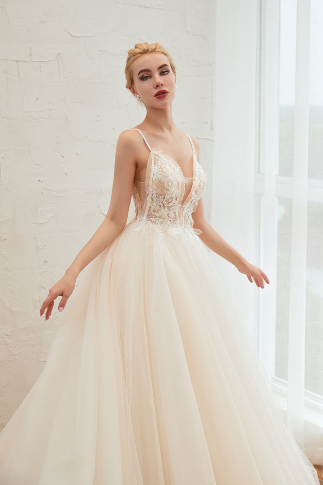 This elegant V-neck,Spaghetti Straps Tulle wedding dress with Lace,Beading,Pearls could be custom made in plus size for curvy women. Plus size Sleeveless A-line,Ball Gown bridal gowns are classic yet cheap.