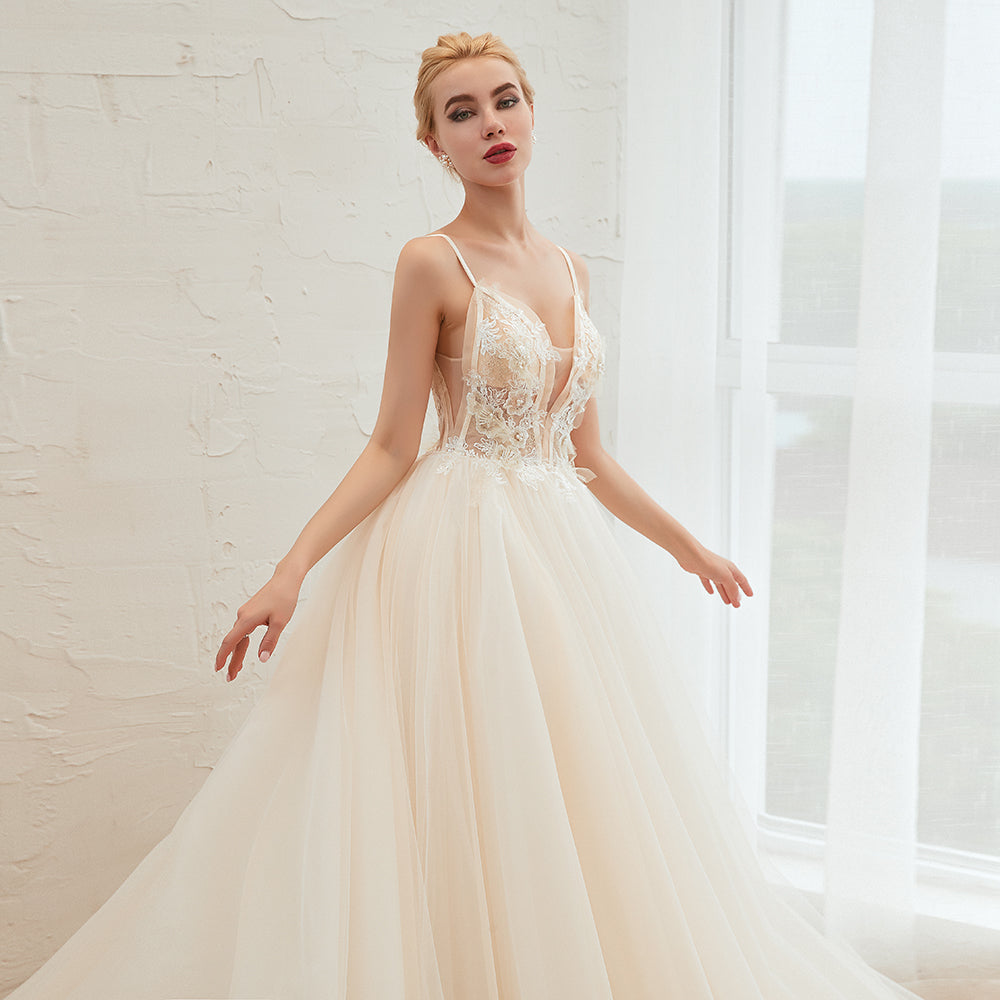 This elegant V-neck,Spaghetti Straps Tulle wedding dress with Lace,Beading,Pearls could be custom made in plus size for curvy women. Plus size Sleeveless A-line,Ball Gown bridal gowns are classic yet cheap.