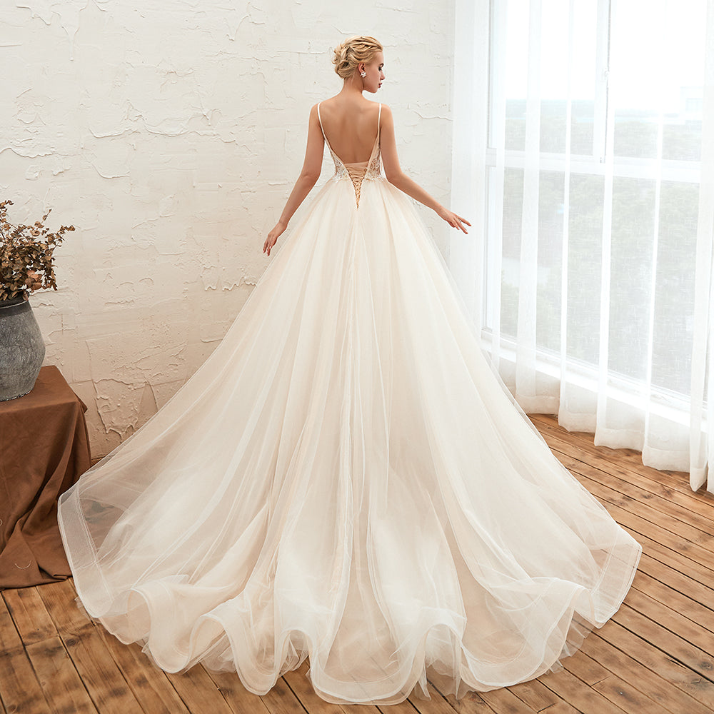 This elegant V-neck,Spaghetti Straps Tulle wedding dress with Lace,Beading,Pearls could be custom made in plus size for curvy women. Plus size Sleeveless A-line,Ball Gown bridal gowns are classic yet cheap.