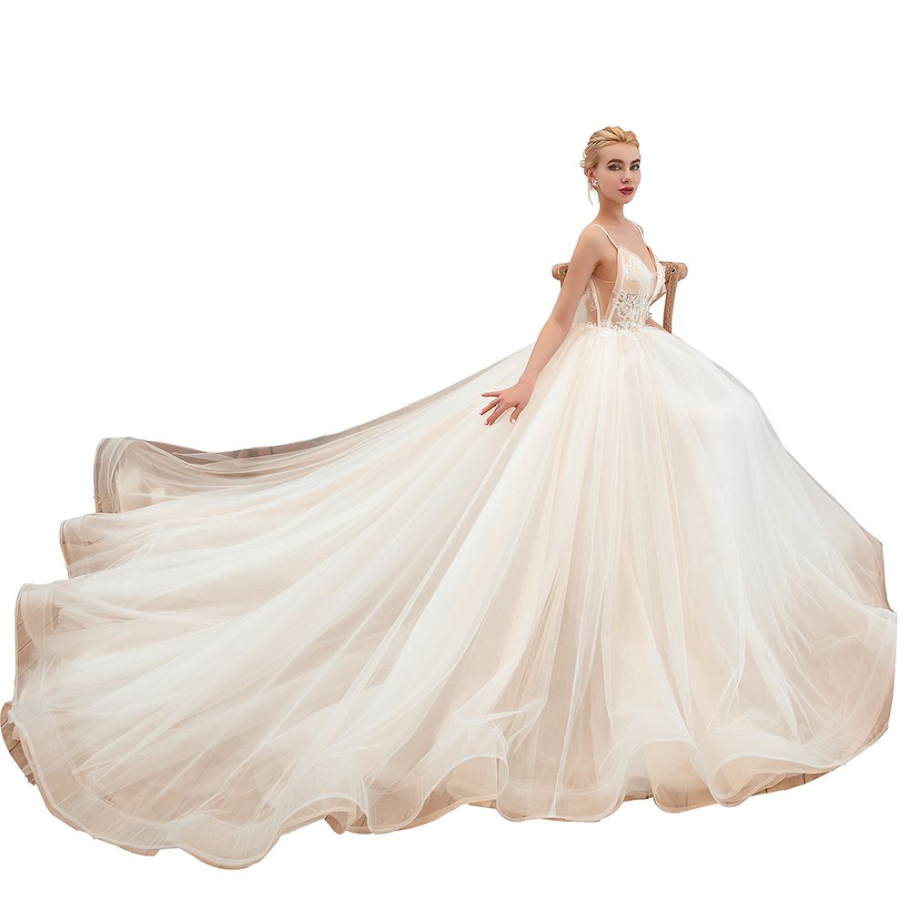 This elegant V-neck,Spaghetti Straps Tulle wedding dress with Lace,Beading,Pearls could be custom made in plus size for curvy women. Plus size Sleeveless A-line,Ball Gown bridal gowns are classic yet cheap.
