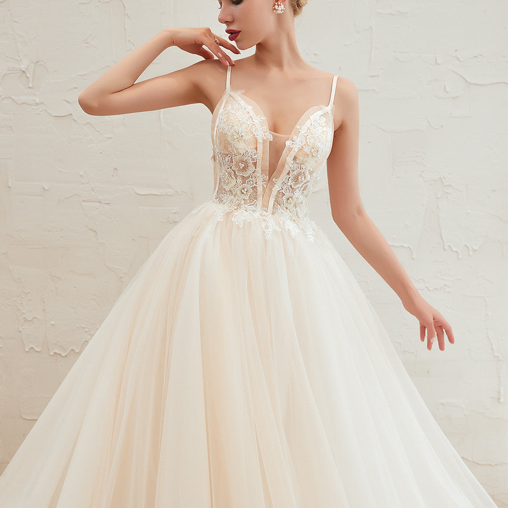 This elegant V-neck,Spaghetti Straps Tulle wedding dress with Lace,Beading,Pearls could be custom made in plus size for curvy women. Plus size Sleeveless A-line,Ball Gown bridal gowns are classic yet cheap.