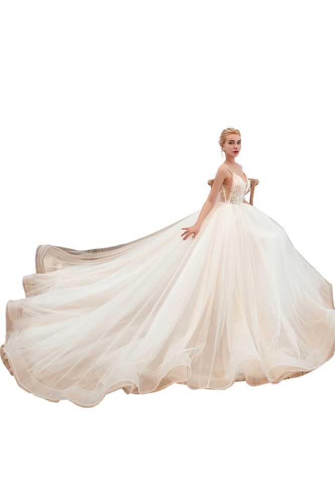 This elegant V-neck,Spaghetti Straps Tulle wedding dress with Lace,Beading,Pearls could be custom made in plus size for curvy women. Plus size Sleeveless A-line,Ball Gown bridal gowns are classic yet cheap.