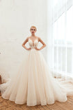 This elegant V-neck,Spaghetti Straps Tulle wedding dress with Lace,Beading,Pearls could be custom made in plus size for curvy women. Plus size Sleeveless A-line,Ball Gown bridal gowns are classic yet cheap.