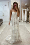 Boho Spaghetti Straps Lace Sleeveless Floor Length Wedding Dress-misshow.com