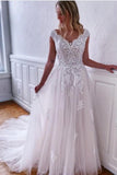 Boho White A-Line Sleeveless Wedding Dresses With Lace-misshow.com