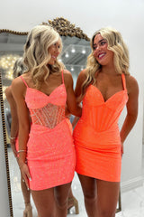 Spaghetti Strap Rhinestone Geometric Corset Homecoming Dress Sweetheart Bodycon Mini