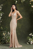 Brilliant Scoop Neck Sequins Backless Mermaid Bridesmaid/Prom Dress With Side Slit