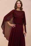 Burgundy Bridesmaid Dresses Spaghetti Straps Chiffon Floor Length Wedding Guest Dress with Back Cape Wraps-misshow.com