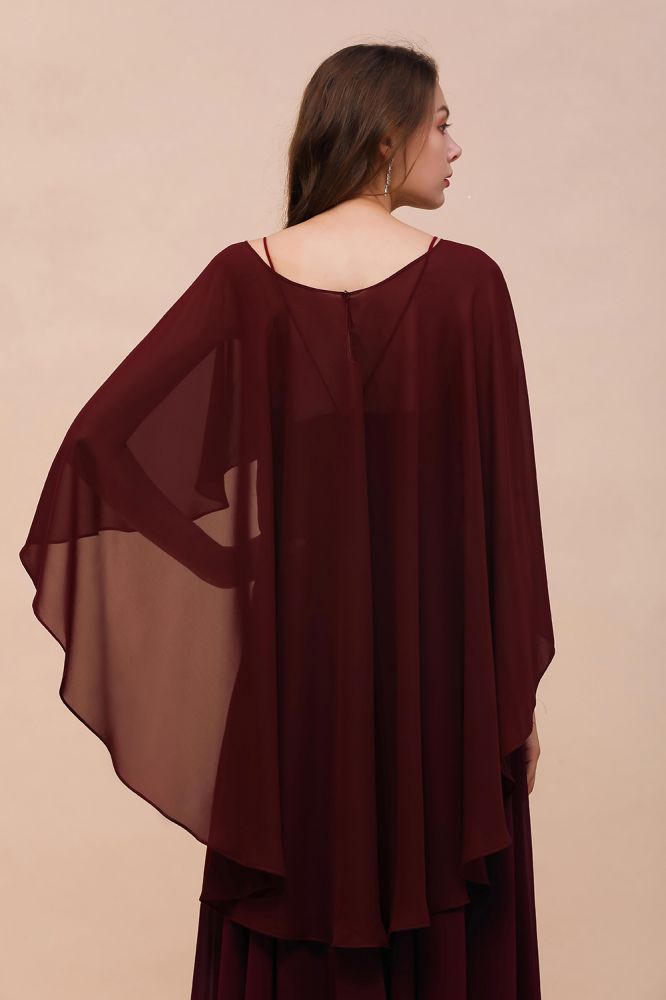 burgundy cape dress Burgundy Bridesmaid Dresses Spaghetti Straps Chiffon Floor Length Wedding Guest Dress with Back Cape Wraps