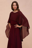 Burgundy Bridesmaid Dresses Spaghetti Straps Chiffon Floor Length Wedding Guest Dress with Back Cape Wraps-misshow.com