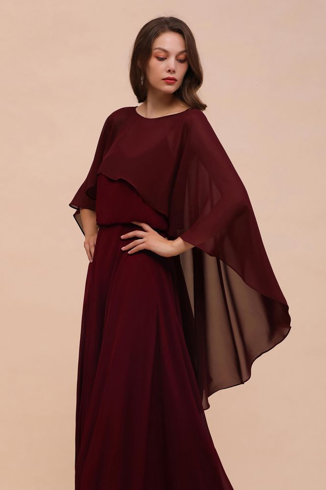 Burgundy Bridesmaid Dresses Spaghetti Straps Chiffon Floor Length Wedding Guest Dress with Back Cape Wraps | MISSHOW Burgundy Bridesmaid Dresses Spaghetti Straps Chiffon Floor Length Wedding Guest Dress with Back Cape Wraps | MISSHOW