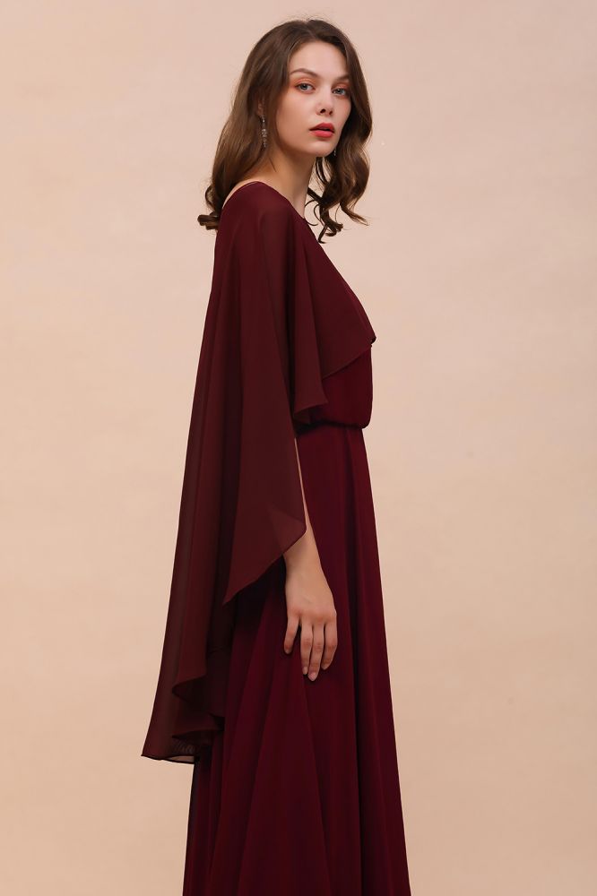 Burgundy Bridesmaid Dresses Spaghetti Straps Chiffon Floor Length Wedding Guest Dress with Back Cape Wraps | MISSHOW Burgundy Bridesmaid Dresses Spaghetti Straps Chiffon Floor Length Wedding Guest Dress with Back Cape Wraps | MISSHOW