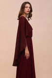 Burgundy Bridesmaid Dresses Spaghetti Straps Chiffon Floor Length Wedding Guest Dress with Back Cape Wraps-misshow.com