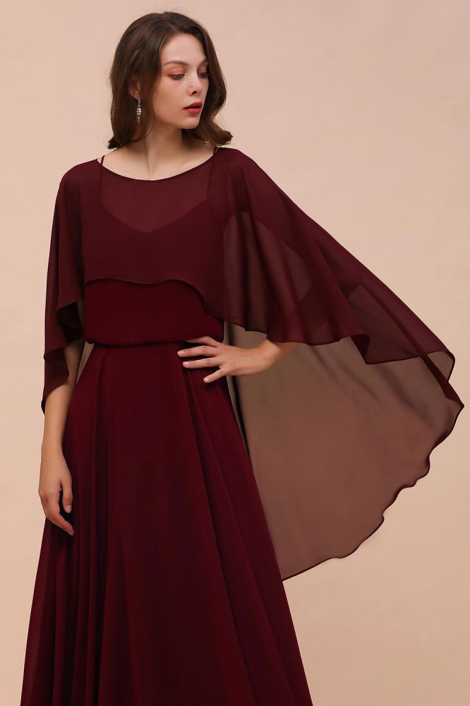 Burgundy Bridesmaid Dresses Spaghetti Straps Chiffon Floor Length Wedding Guest Dress with Back Cape Wraps | MISSHOW misshow.com Burgundy Bridesmaid Dresses Spaghetti Straps Chiffon Floor Length Wedding Guest Dress with Back Cape Wraps | MISSHOW misshow.com