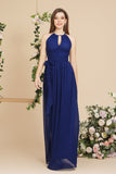 Burgundy Halter A-line Floor Length Bridesmaid Dresses with Bow Sash-misshow.com