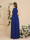 Burgundy Halter A-line Floor Length Bridesmaid Dresses with Bow Sash-misshow.com