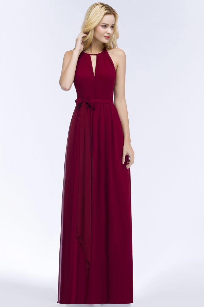Looking for Bridesmaid Dresses in 30D Chiffon, A-line style, and Gorgeous Bow,Ribbons,Ruffles work  MISSHOW has all covered on this elegant Burgundy Halter A-line Floor Length Bridesmaid Dresses with Bow Sash.