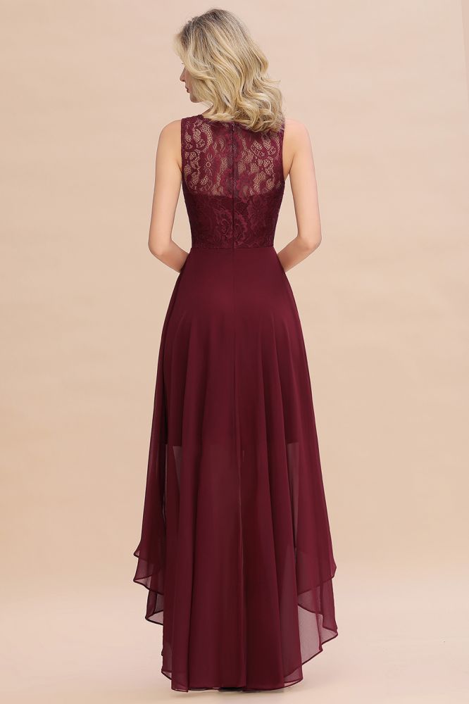 Burgundy Hi-Lo Evening Party Dress Sleeveless Lace Bridesmaid Dress-misshow.com