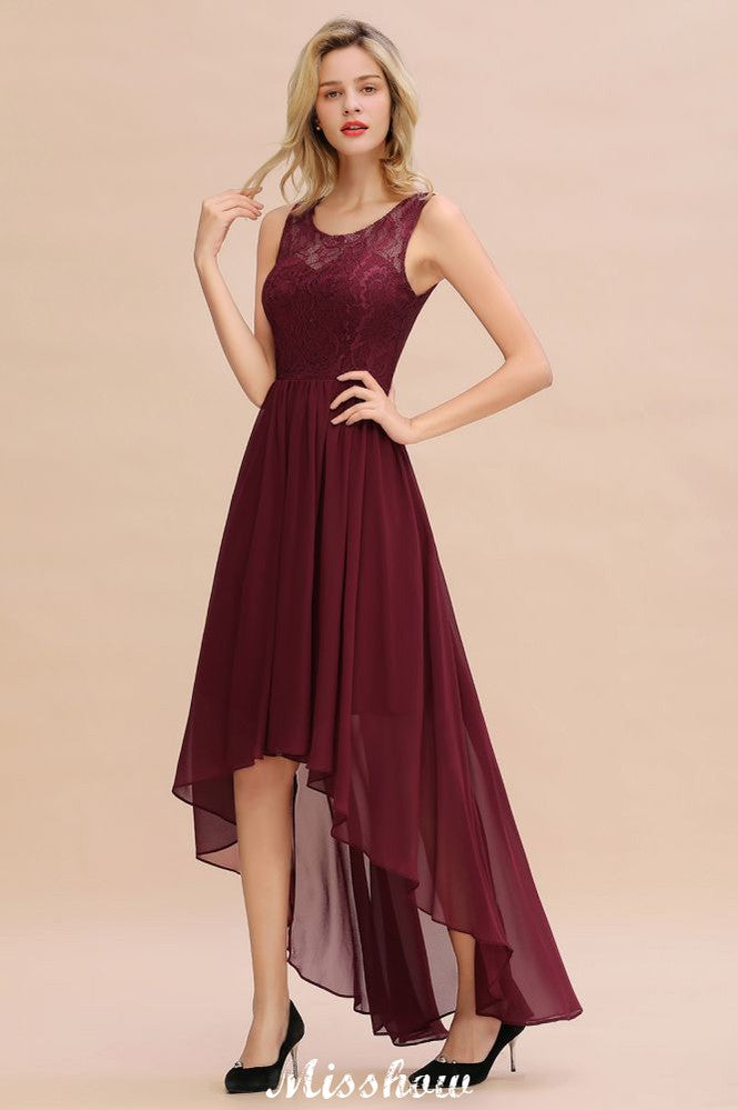 Burgundy Hi-Lo Evening Party Dress Sleeveless Lace Bridesmaid Dress-misshow.com