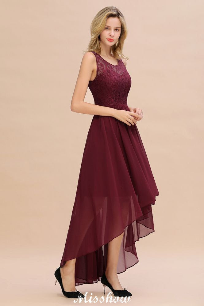 Burgundy Hi-Lo Evening Party Dress Sleeveless Lace Bridesmaid Dress-misshow.com