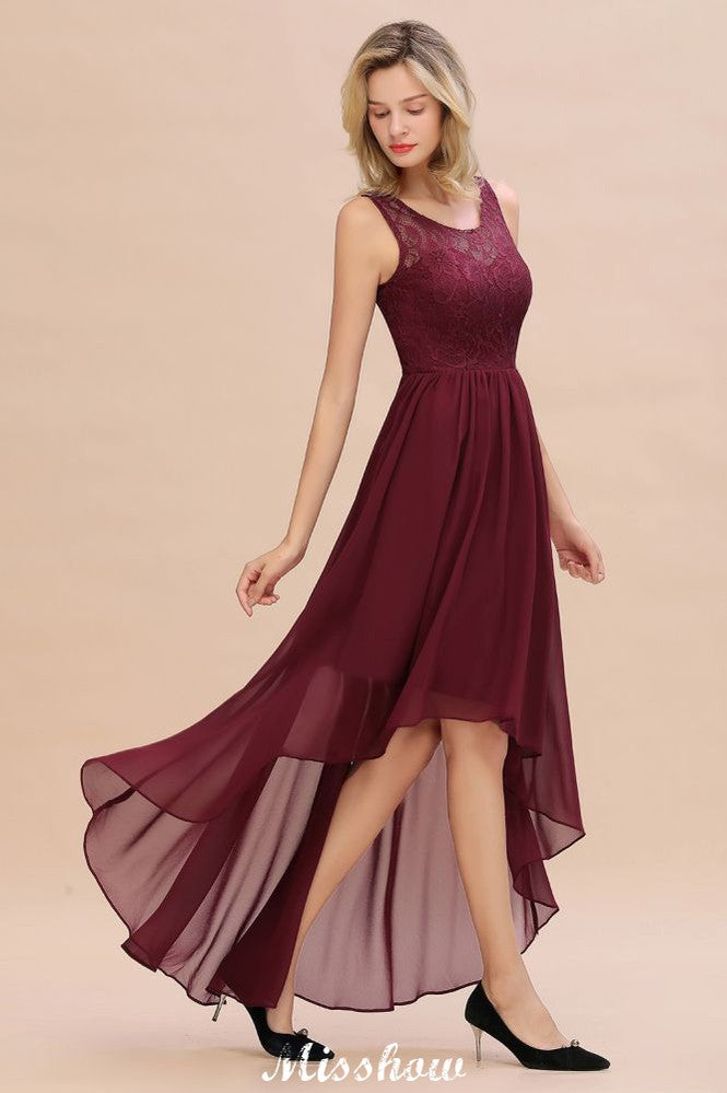 Burgundy Hi-Lo Evening Party Dress Sleeveless Lace Bridesmaid Dress-misshow.com