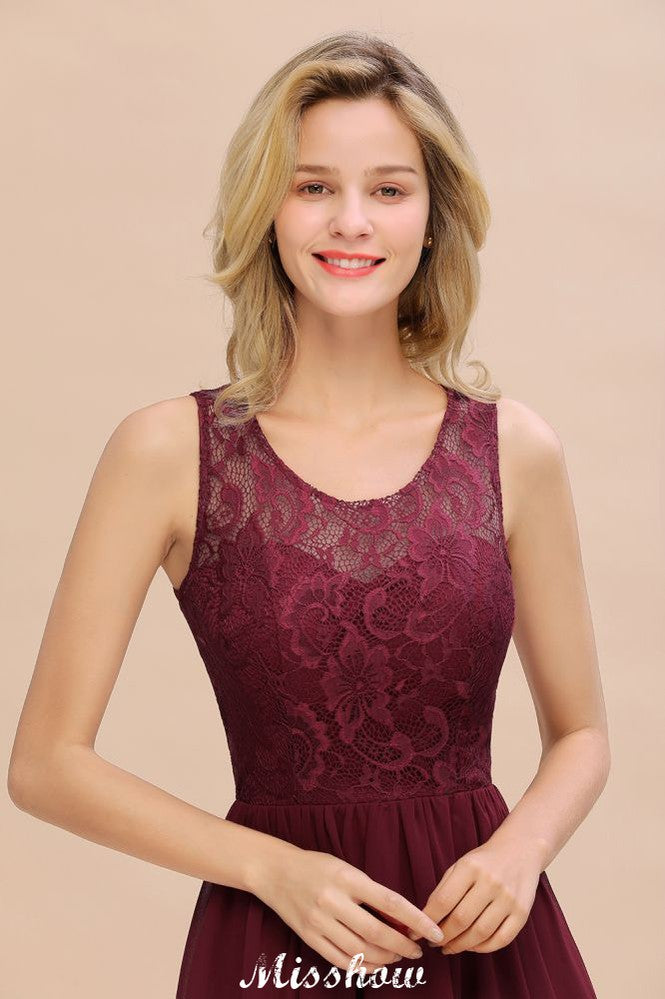Burgundy Hi-Lo Evening Party Dress Sleeveless Lace Bridesmaid Dress-misshow.com