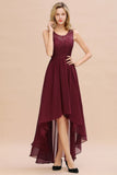 Burgundy Hi-Lo Evening Party Dress Sleeveless Lace Bridesmaid Dress