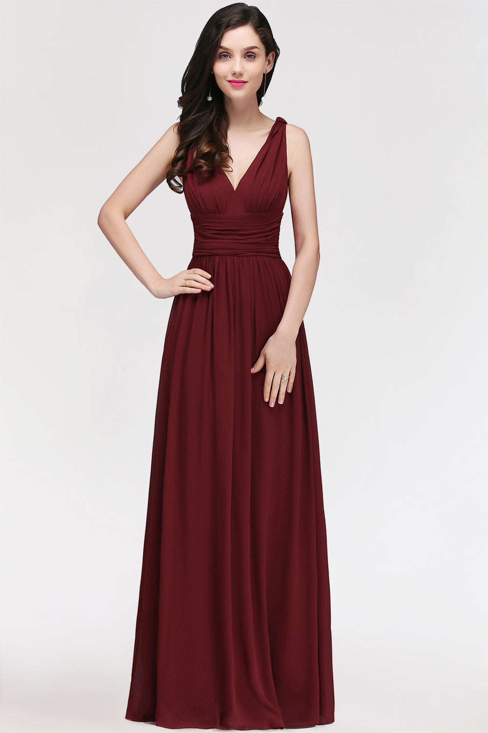 Burgundy Long V-Neck Sleeveless Chiffon Bridesmaid Dresses