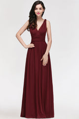 Burgundy Long V-Neck Sleeveless Chiffon Bridesmaid Dresses