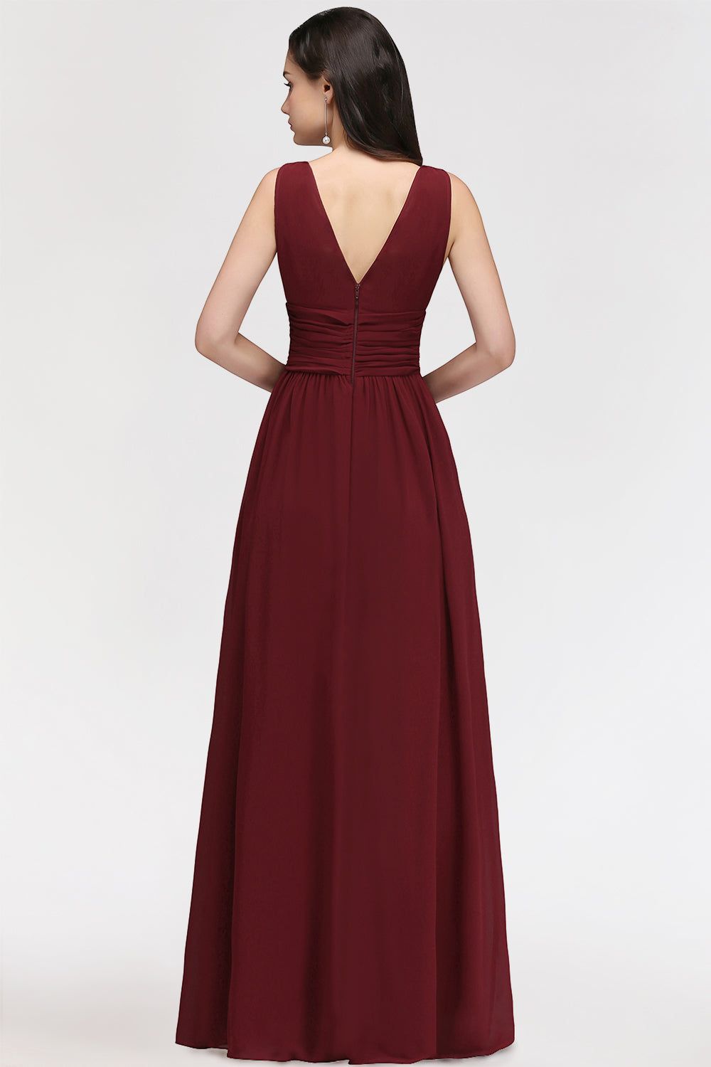 Burgundy Long V-Neck Sleeveless Chiffon Bridesmaid Dresses