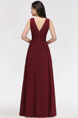 Burgundy Long V-Neck Sleeveless Chiffon Bridesmaid Dresses